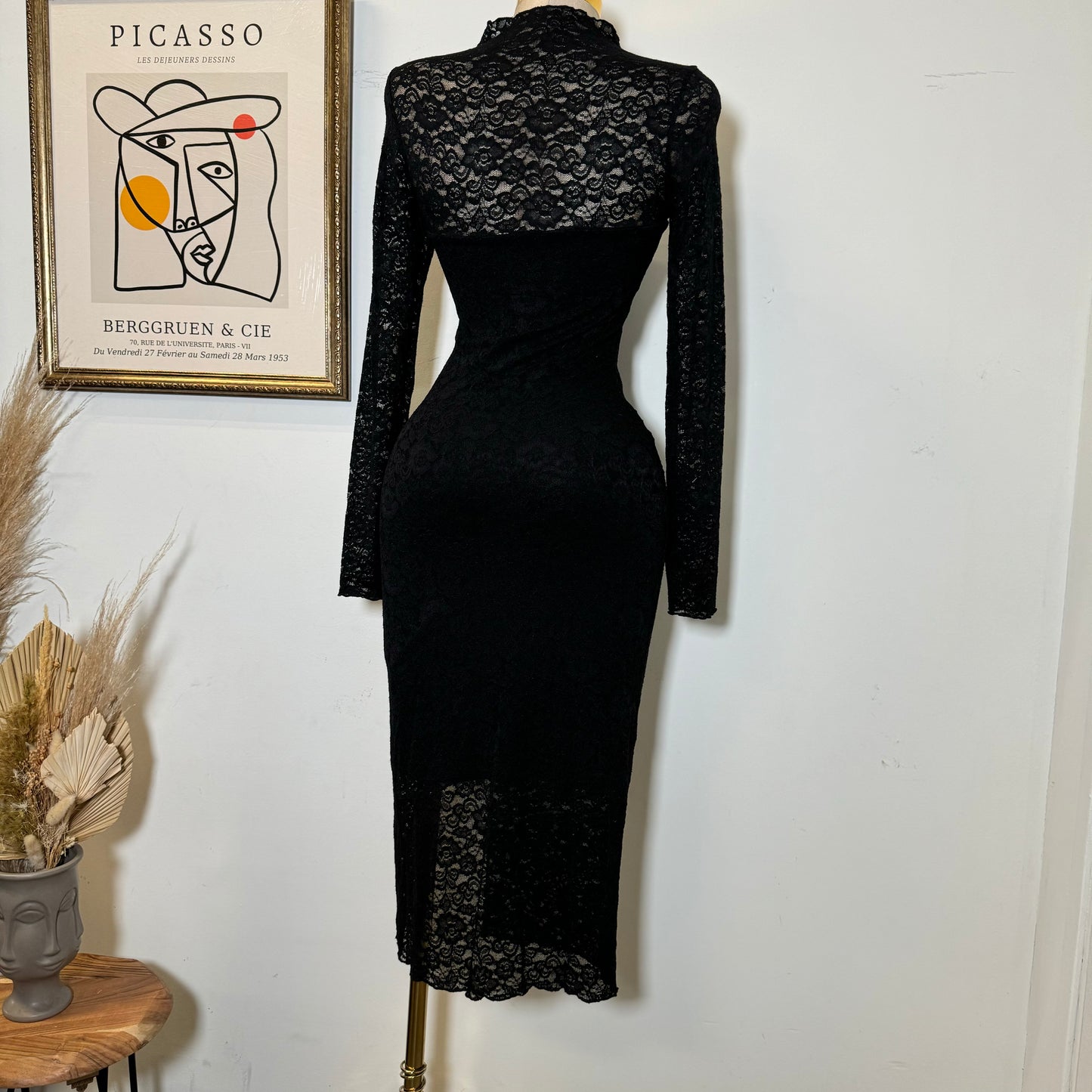 Rosie Lace Midi Open Slit  Dress-Black