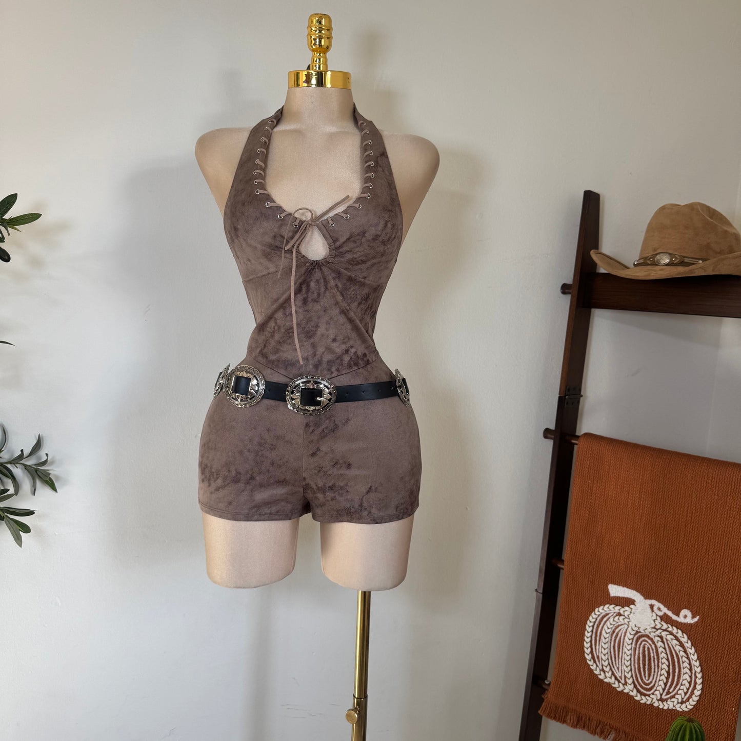 Halter Suede Mini Romper-Mocha