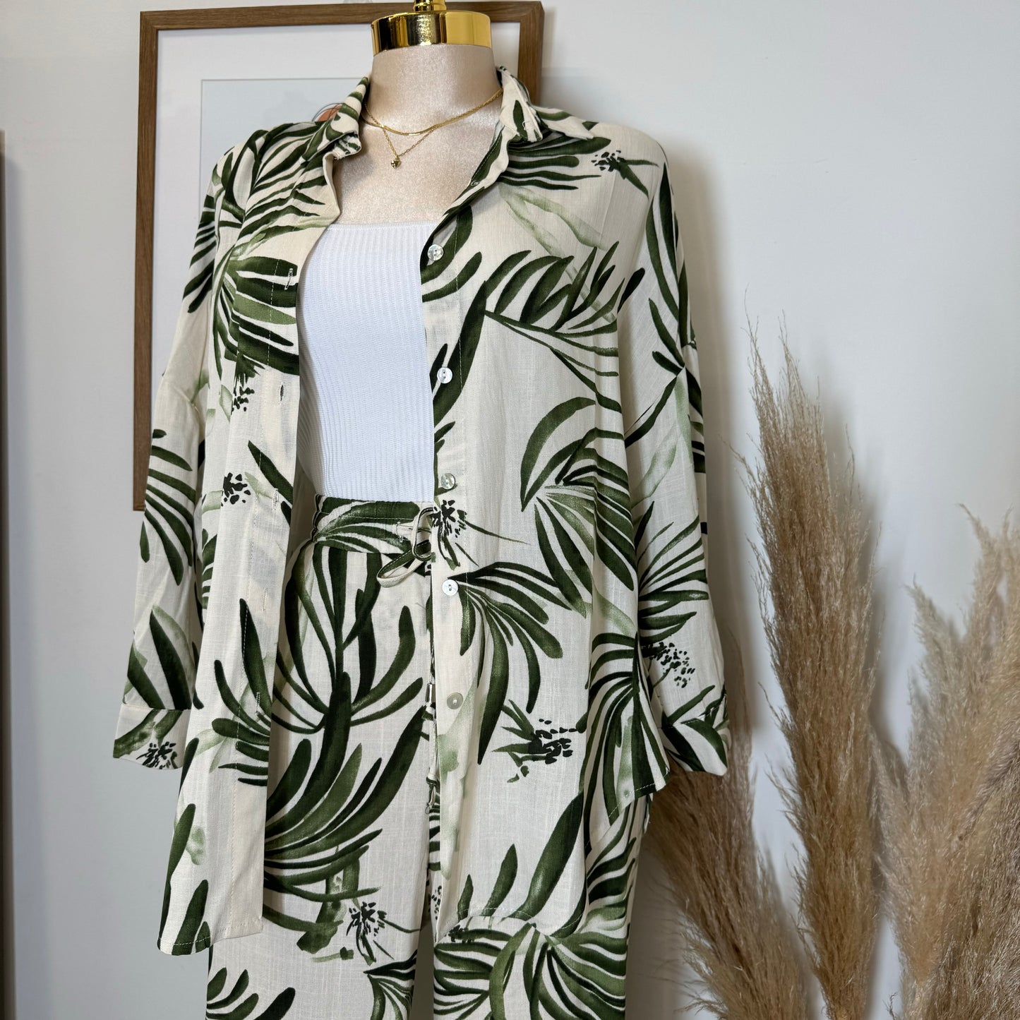 Palm Linen Pant Set-Green/white