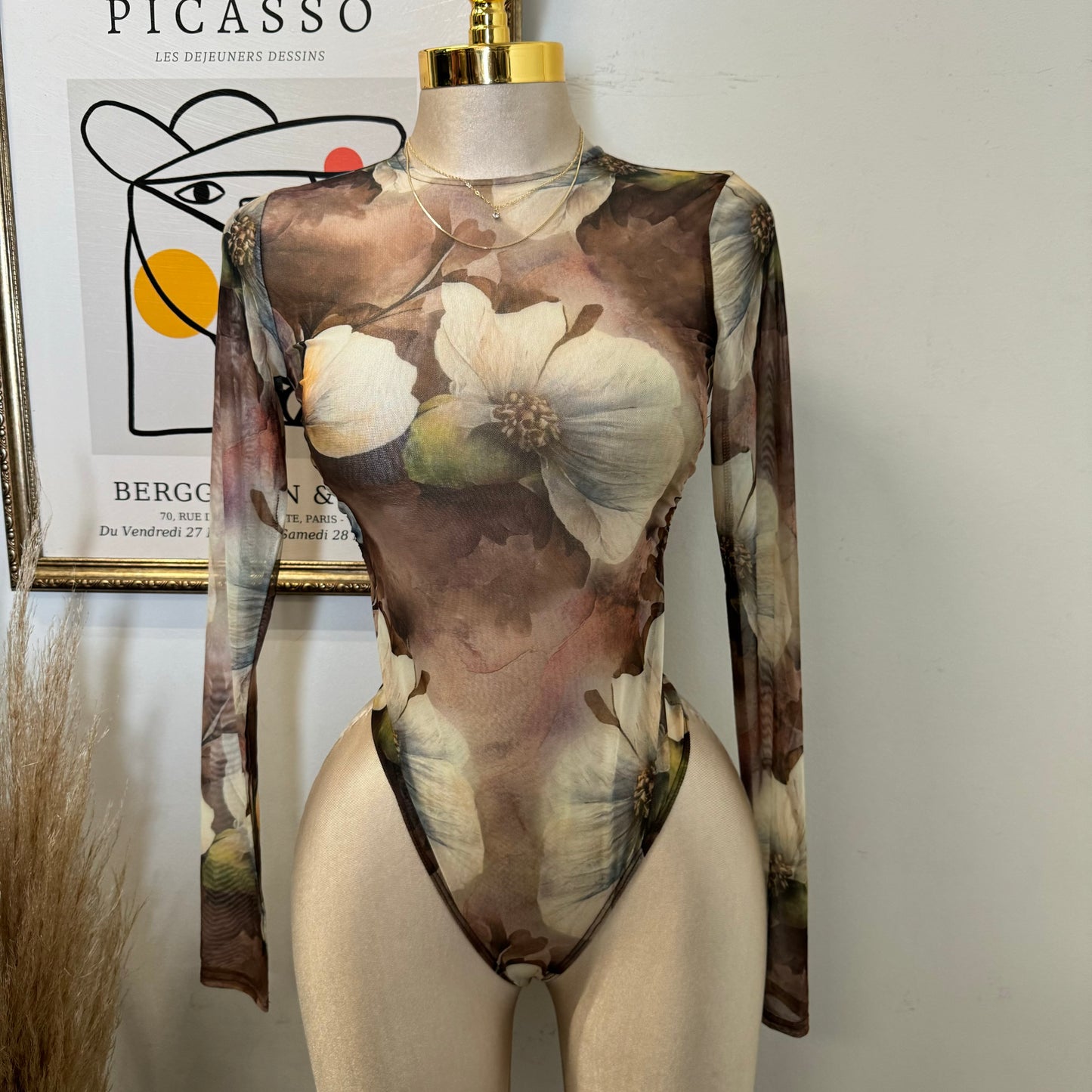 Mesh Print Round Neck Long Sleeve Bodysuit-Taupe Multi