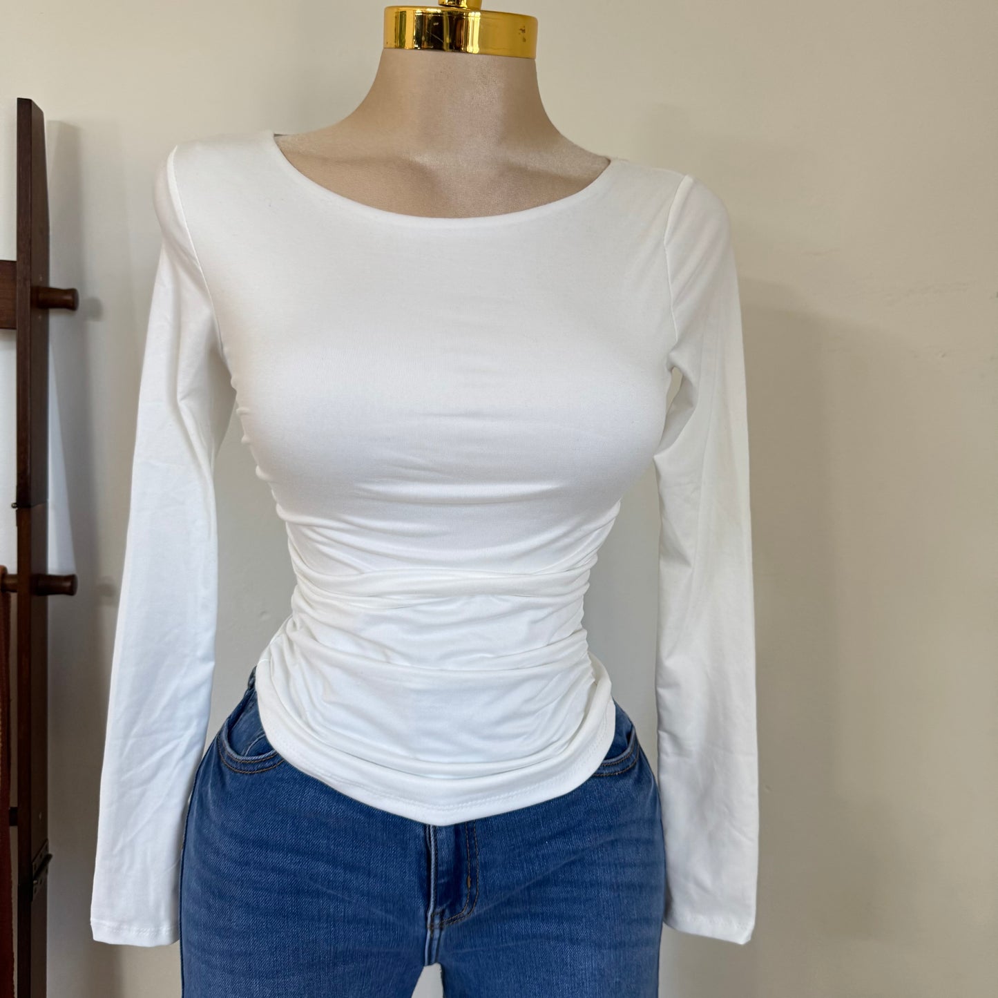 Ruched Long Sleeve Double Layered Top-White