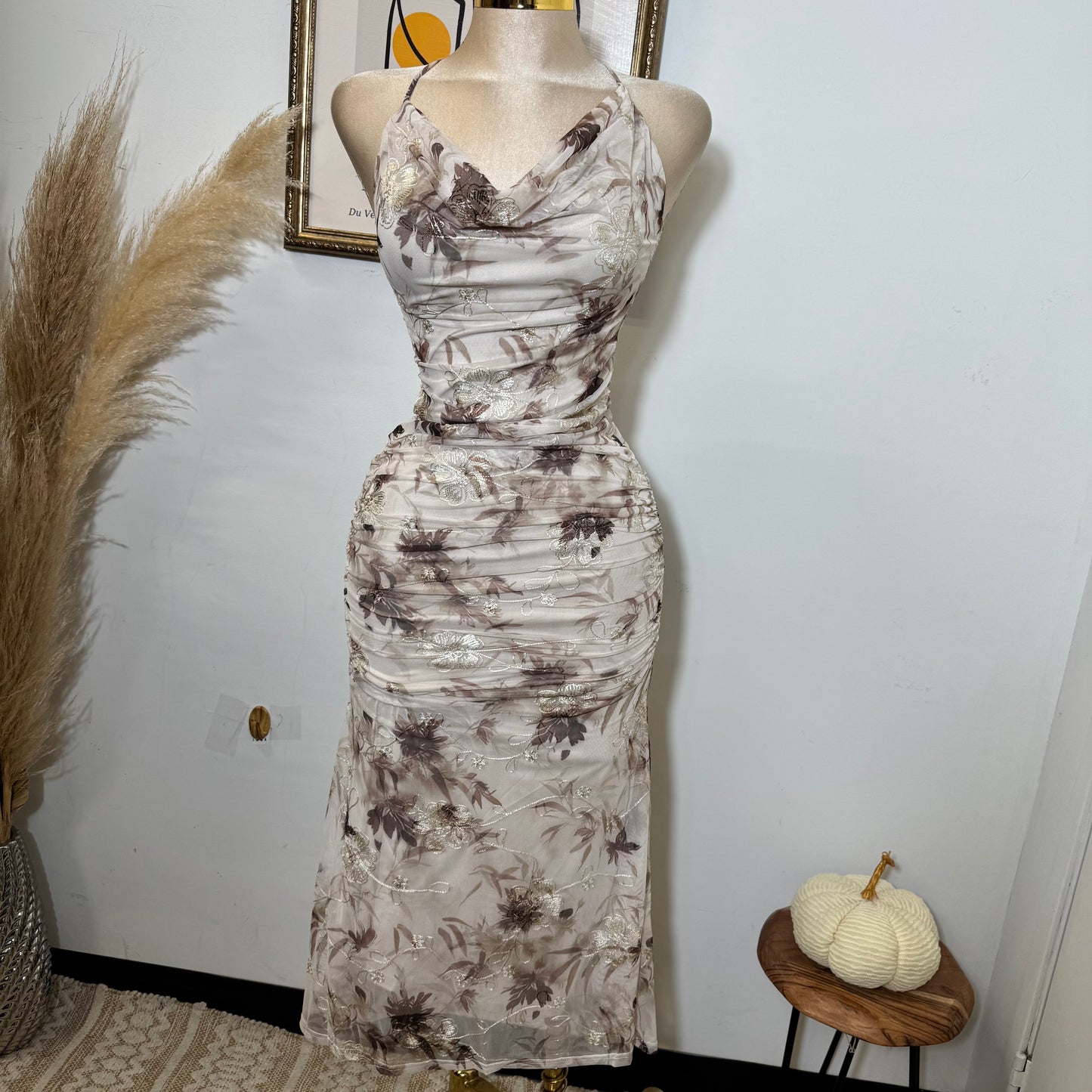Deep Plunge Halter Neck a-Line Midi Dress-Brown
