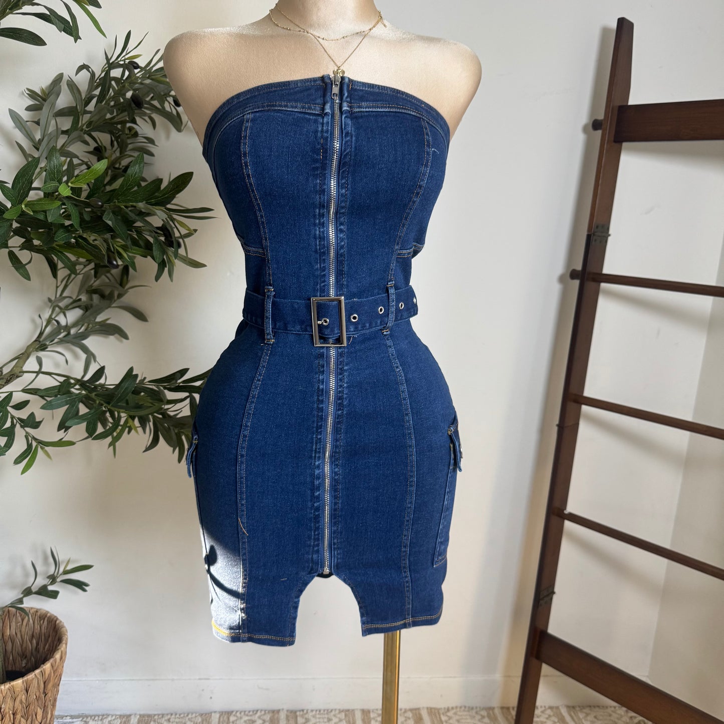 Cargo Strapless Denim Dress-Denim