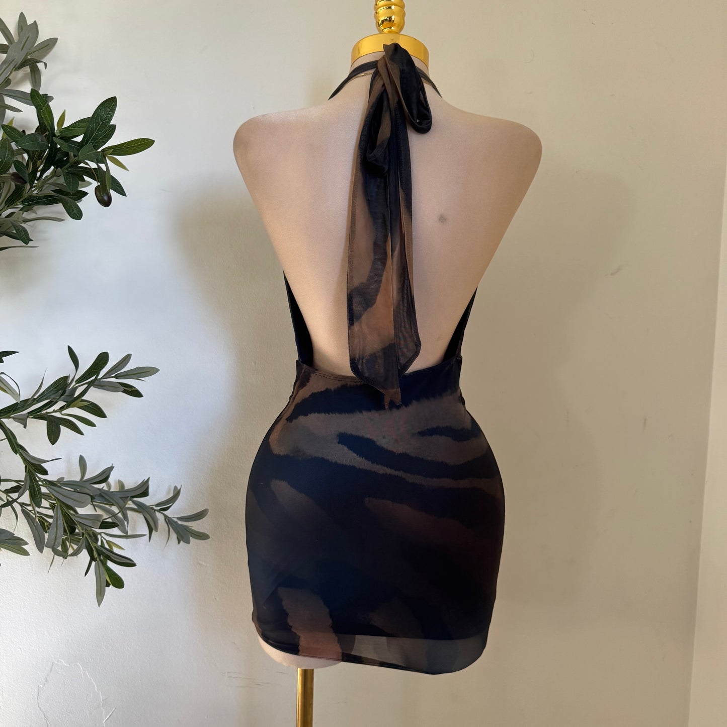 Cowl Halter Mesh Dress-Print Animal