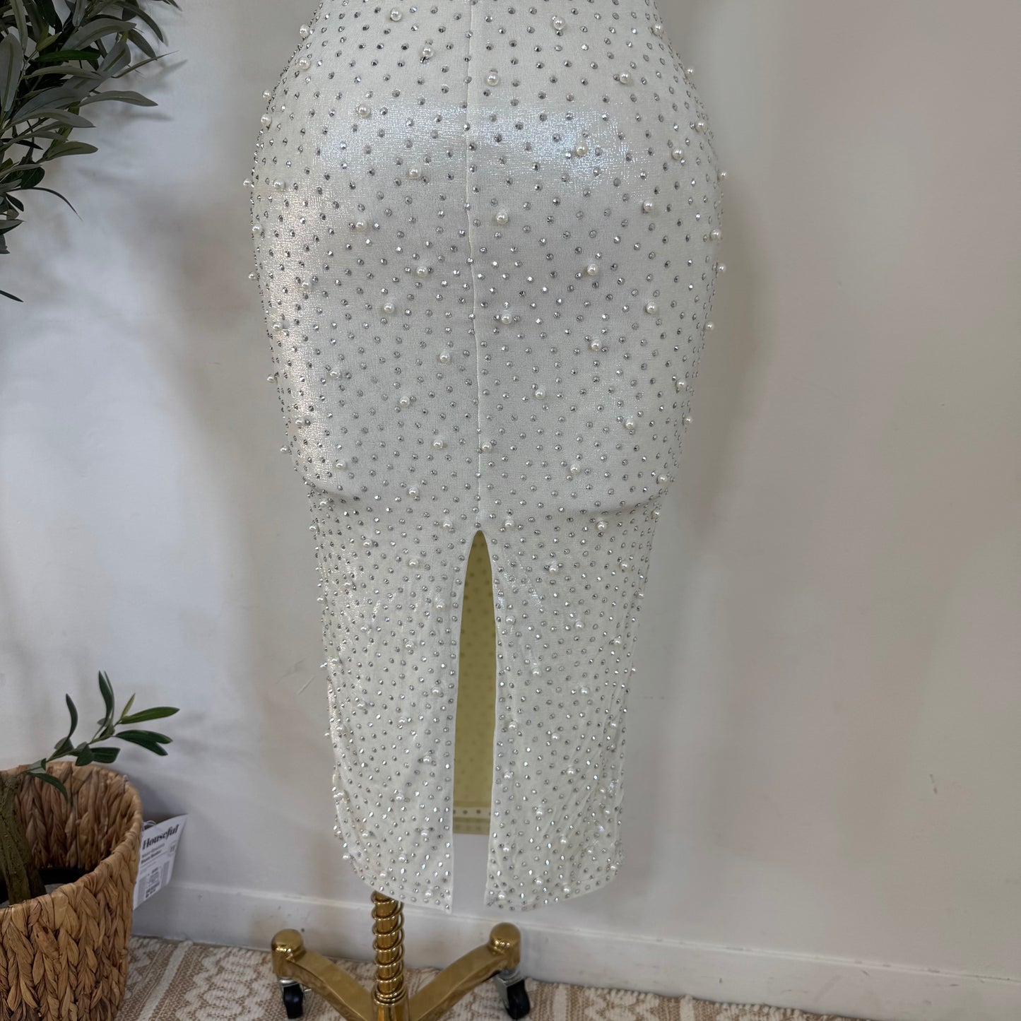 Rhinestone and Pearl beaded Midi Dress-White