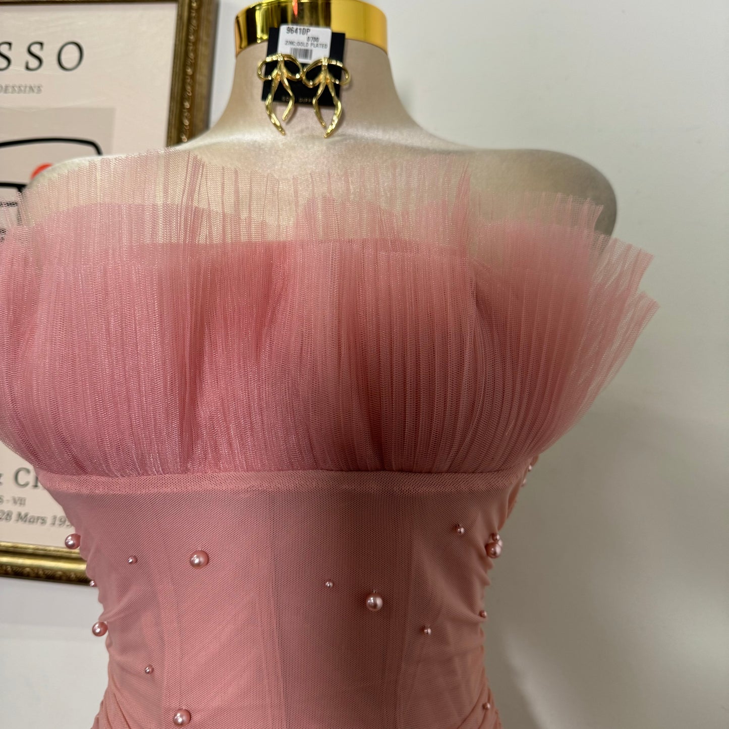Pearl Bead On Power Mesh Midi Dress-Blush