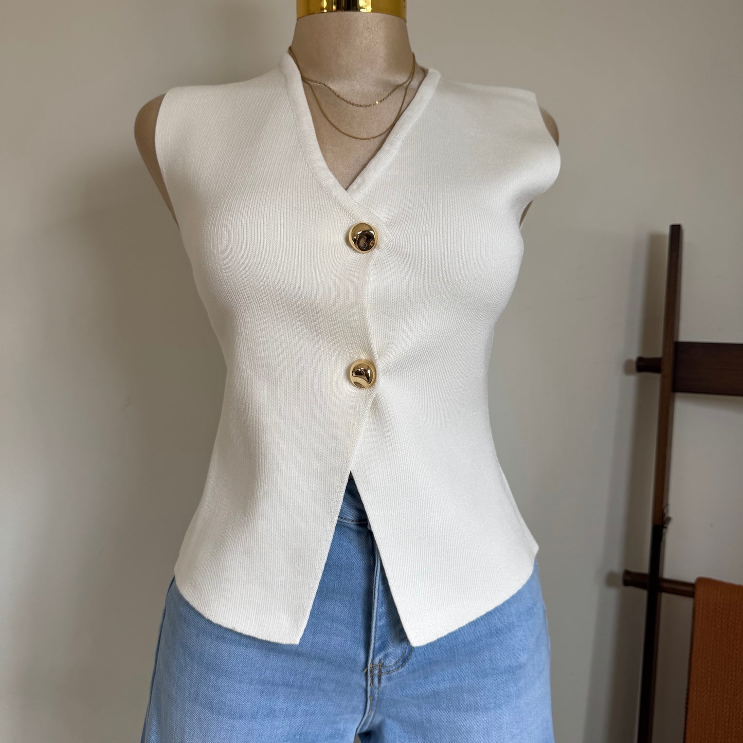 Gold Buttons knit Vest- Ivory