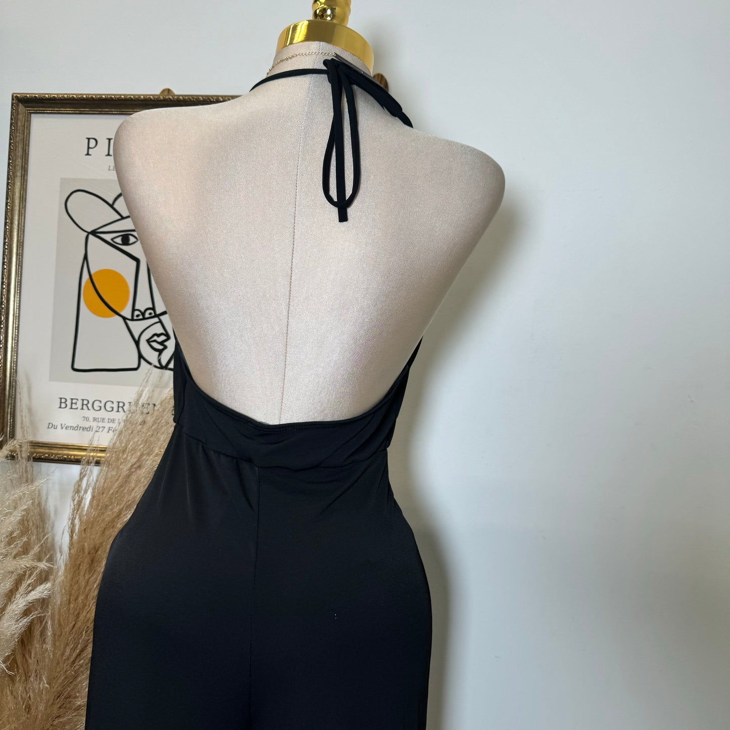 Bead Cowl Neck Halter Jumpsuit-Black
