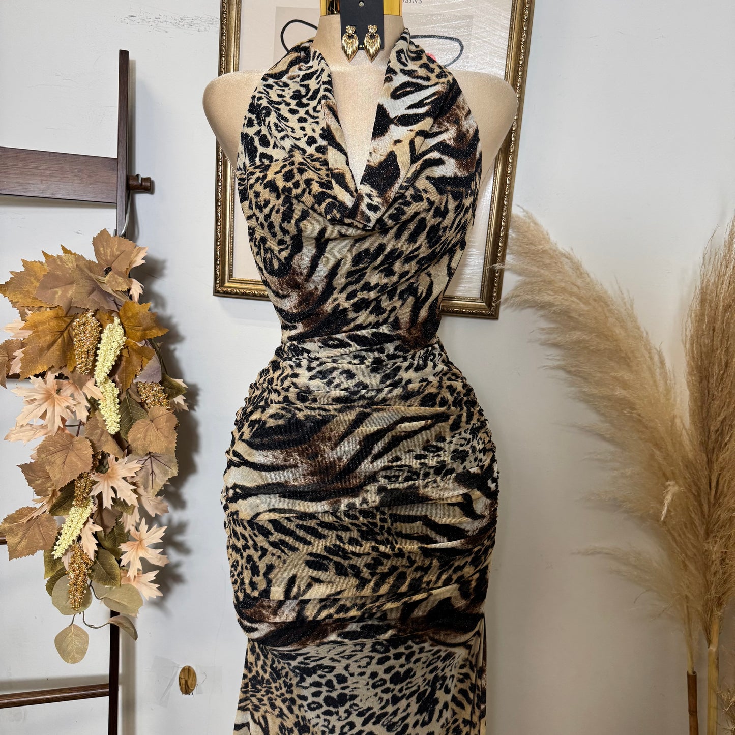 Deep Plunge Halter Cowl Neck Tiger Print a-Line Midi Dress-Brown/Black