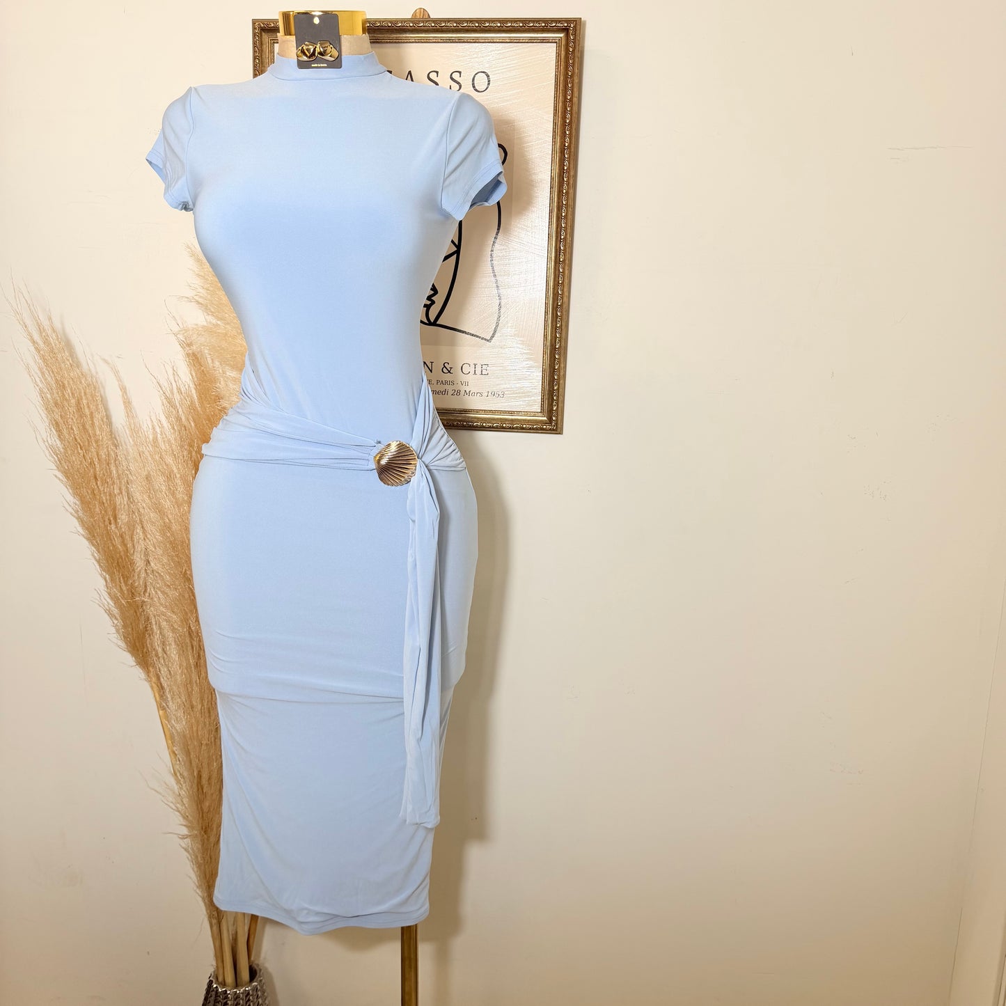 Shelf Gold Trim with Sash Detail Midi Dress-Blue