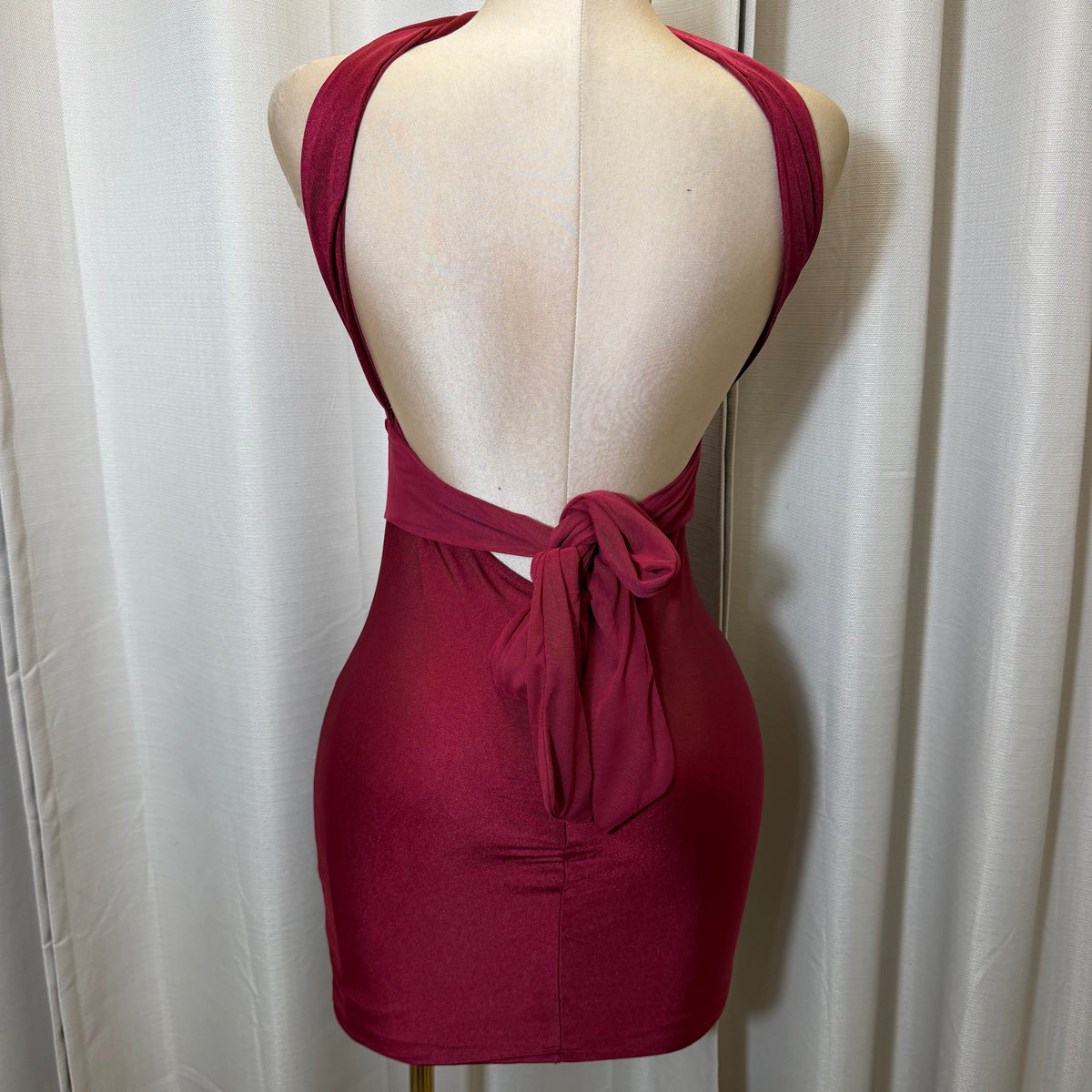 Knit Satin with Mesh Contrast Neck Band Dress-Red