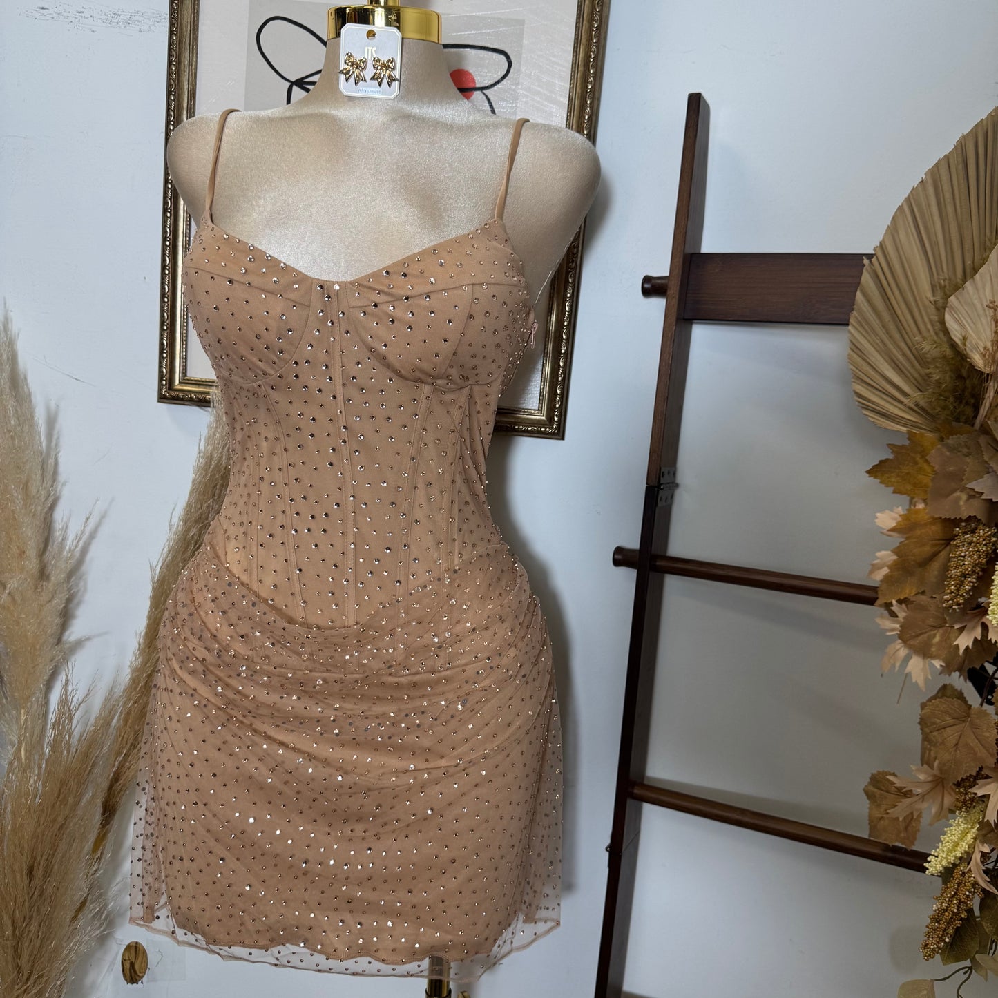 Rhinestone On Overlay Mesh Mini Dress SweetHeart Neckline Adjustable spaghetti Shoulder-Gold