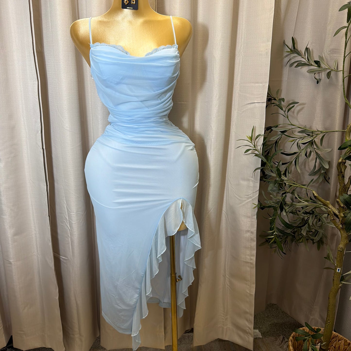 Mesh draped Slit Midi Dress-Baby Blue