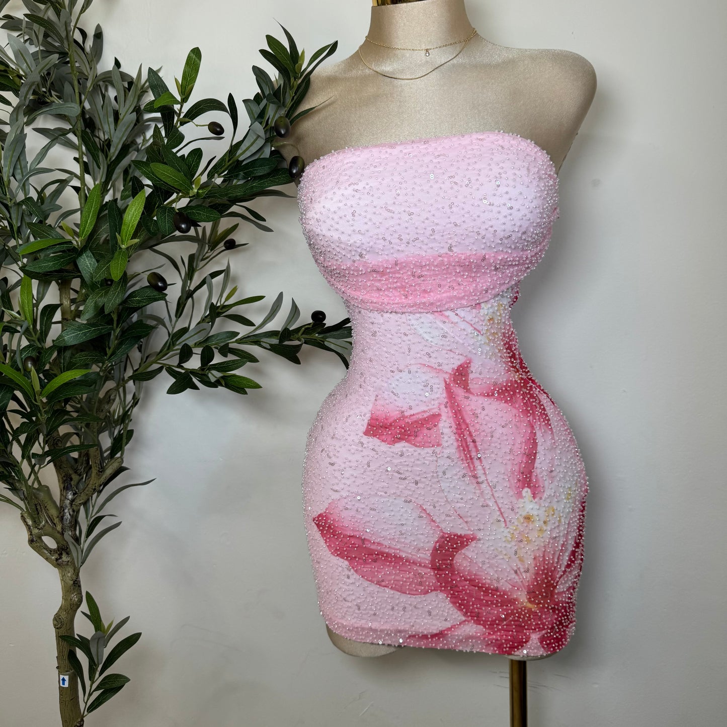 Tropicoqueta Mesh with Beads Floral Print Tube Dress