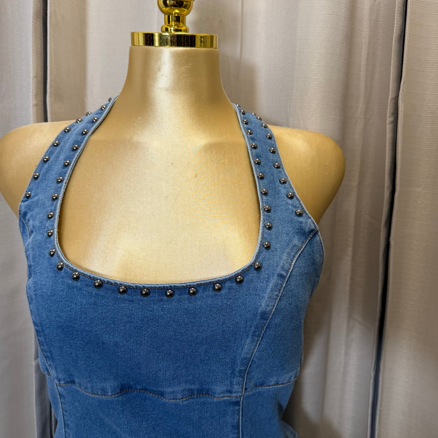 Stud Halter Detail Denim Mini Dress-Denim