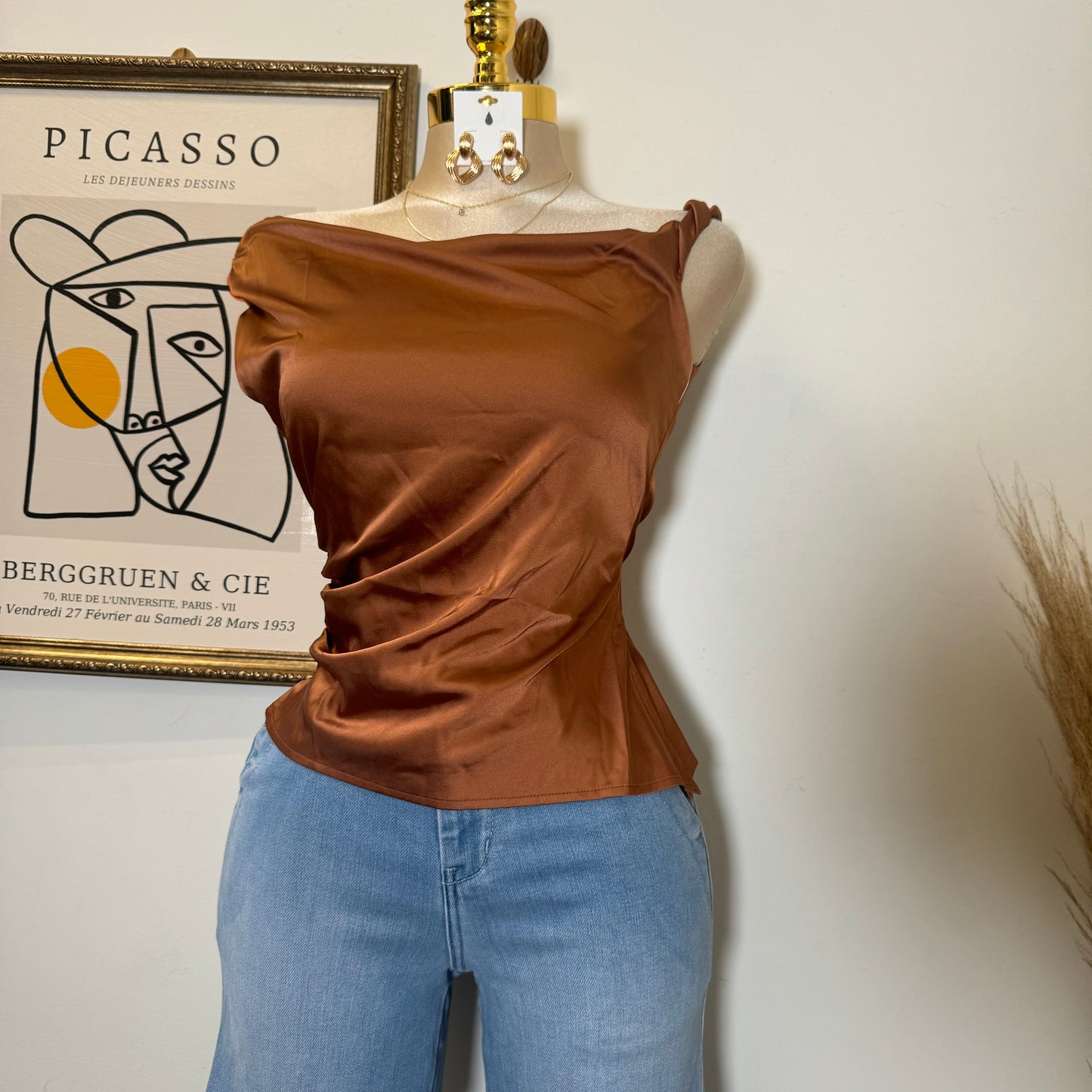 Asymmetrical Satin Top-Bronze