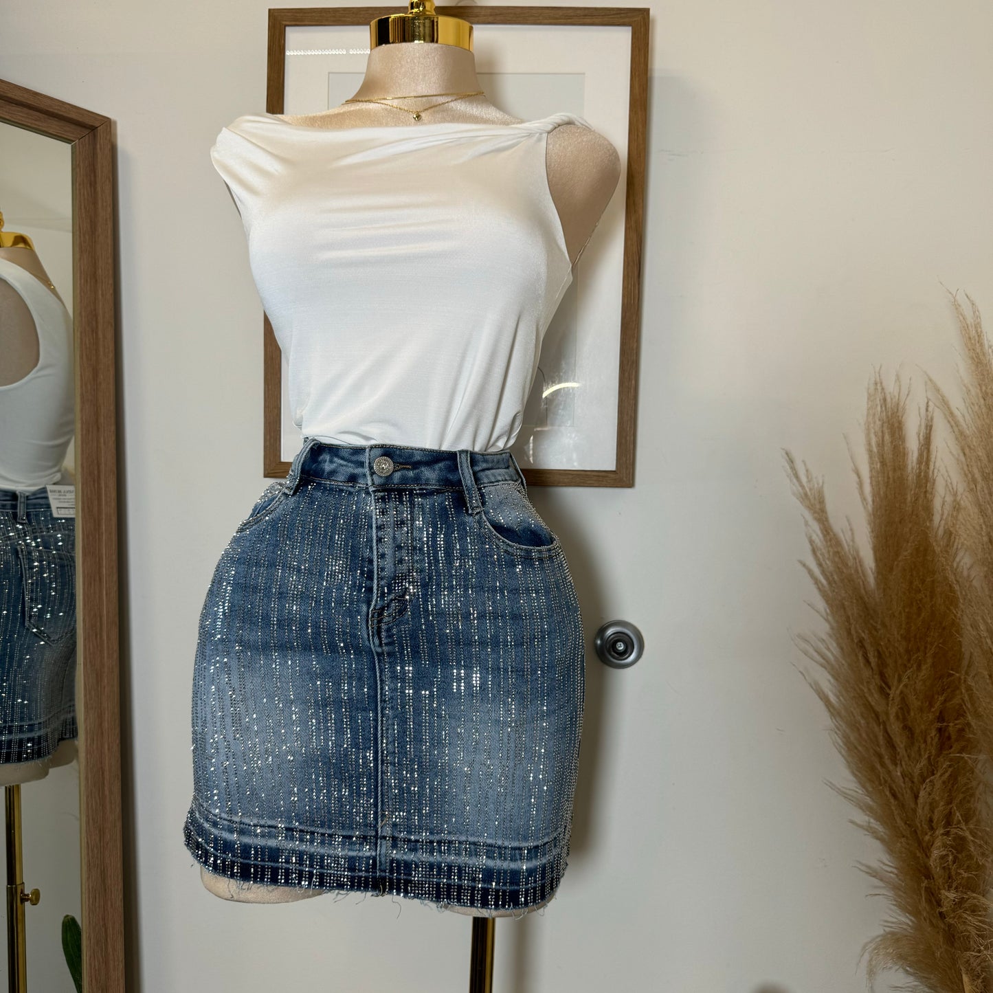 Crush Rhinestone Denim Skirt-Blue