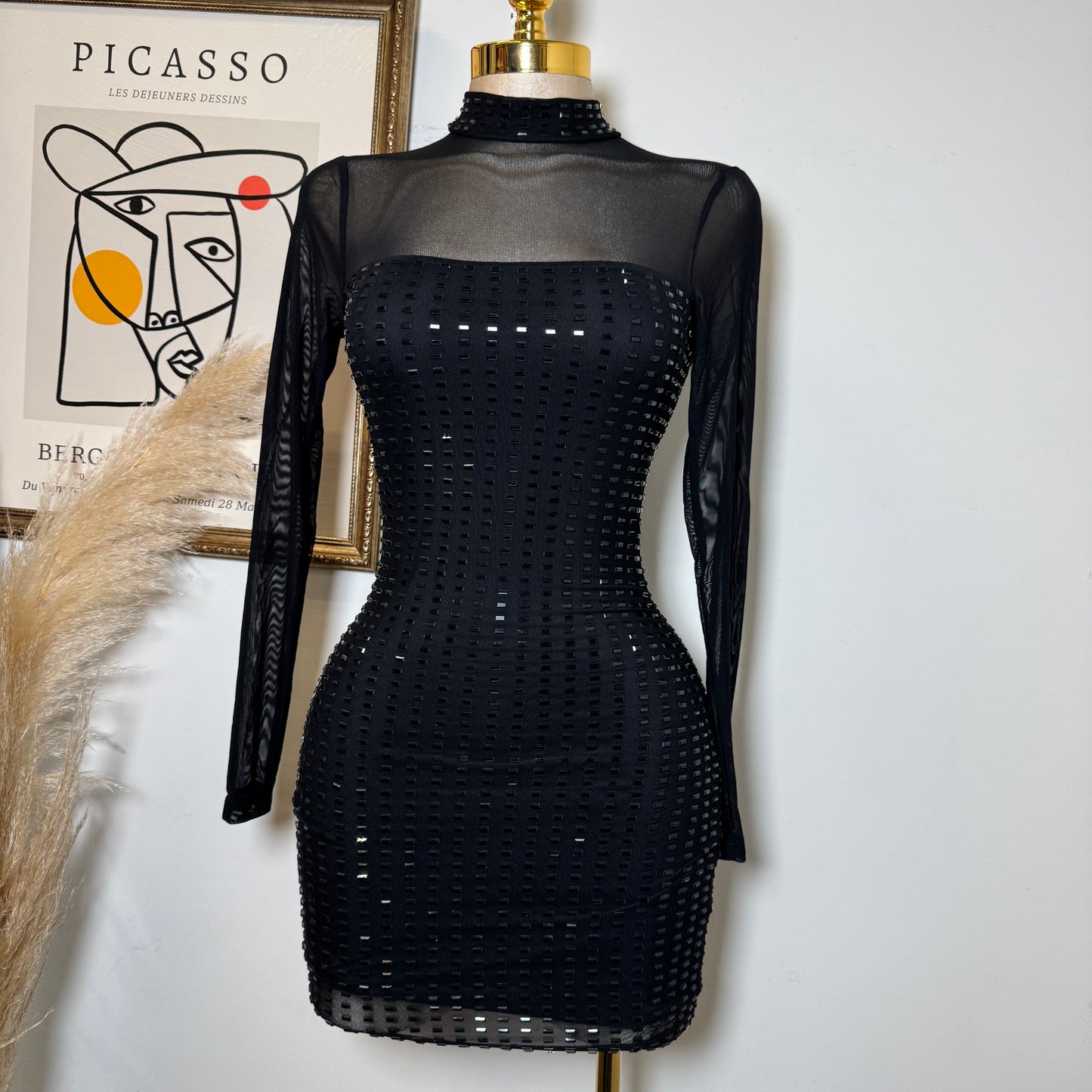 Ivette Rectangle Rhinestone Mini Dress-Black