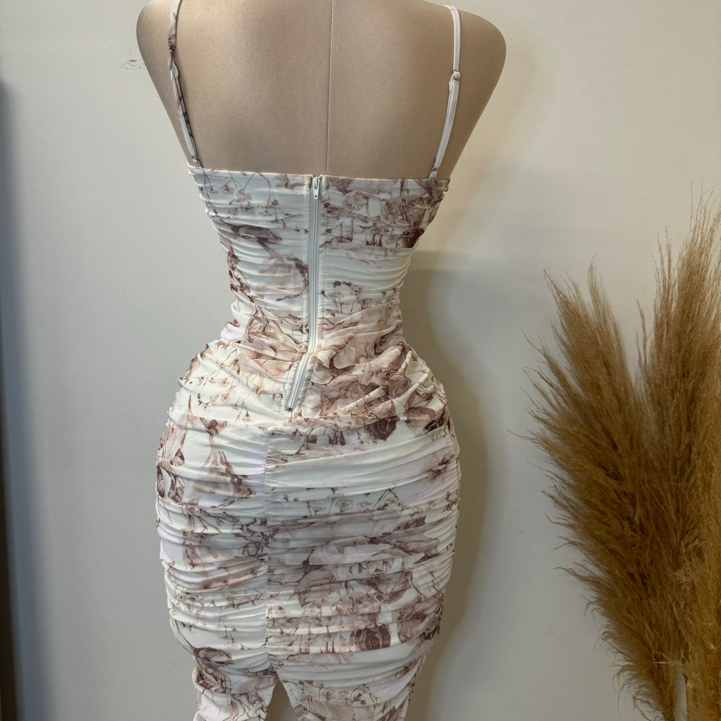 Daisy Floral Mesh Rossete Ruched Midi Dress-Brown