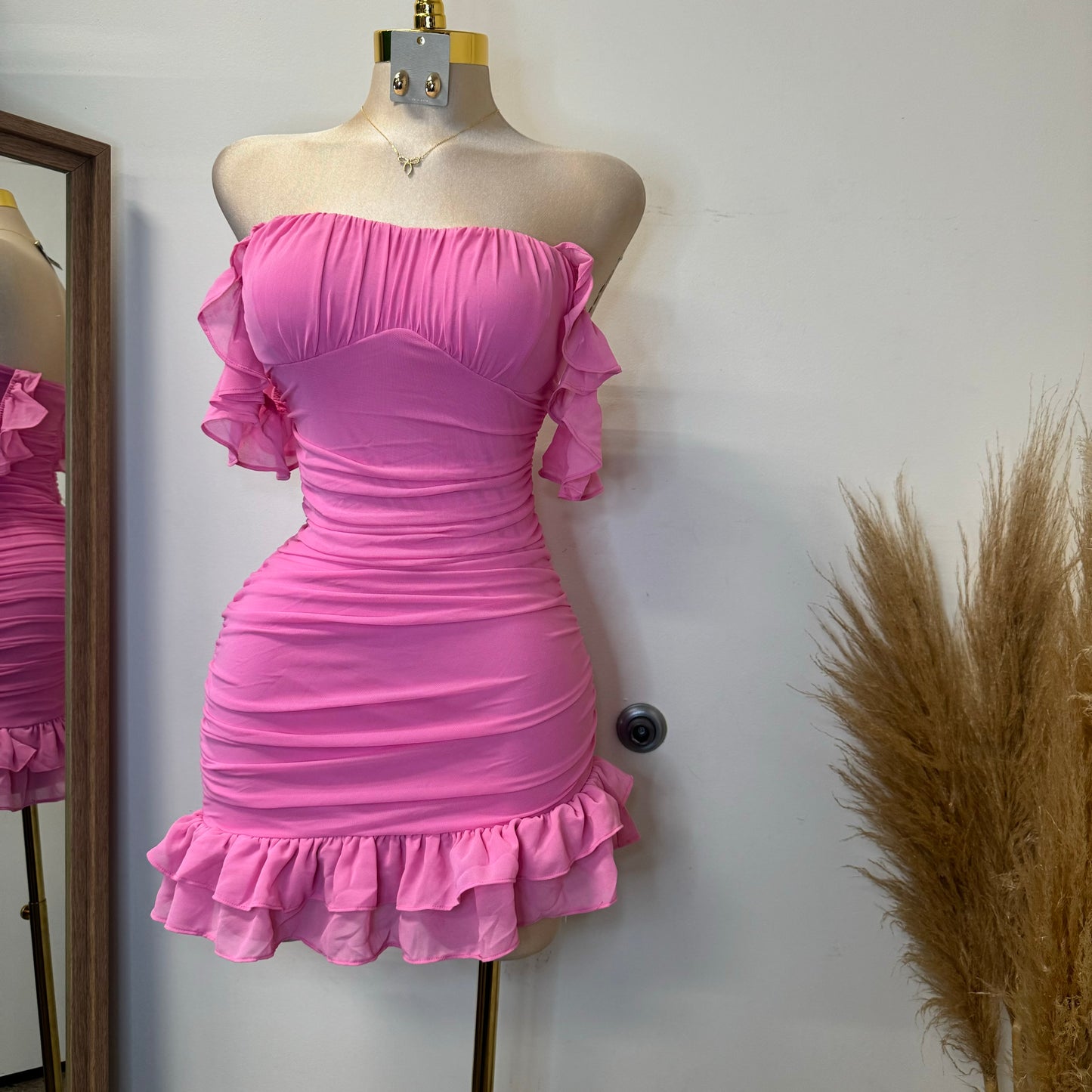 Annalise  Off Shoulder Mesh Asymmetrical Ruffle Hem Dress-Pink