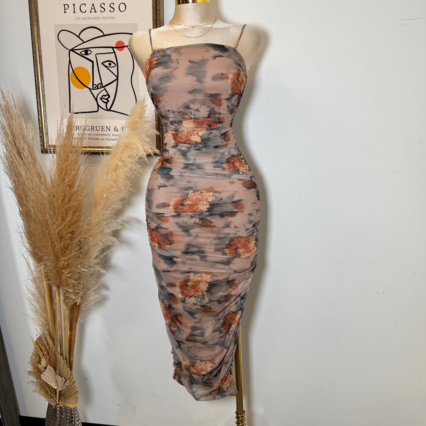 Gold Metallic Mesh Print -Latte