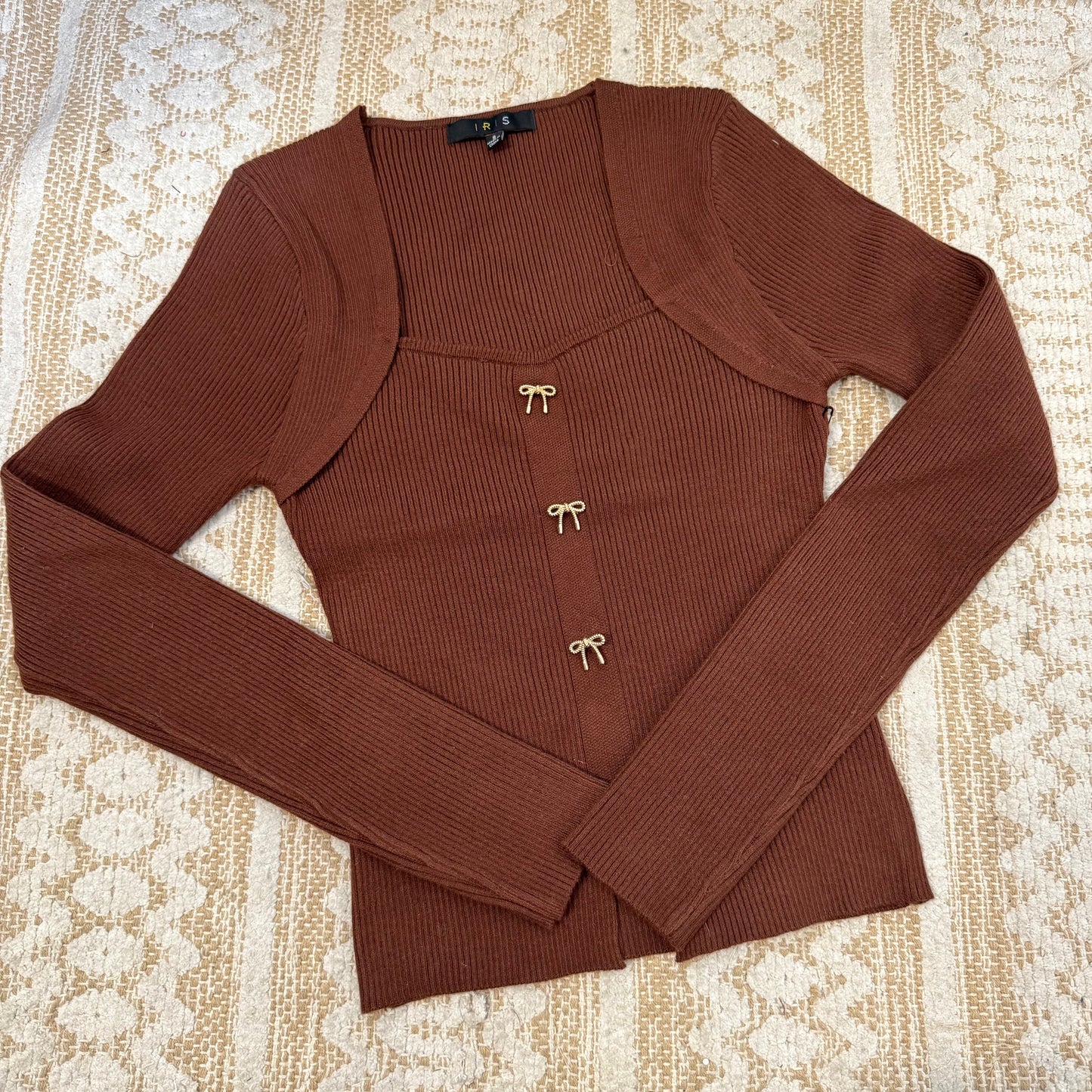 Square Neck Ribbon Trim Sweater Top-Brown
