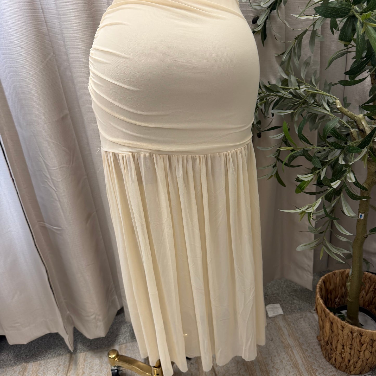 STRAPLESS RUCHED BODICE DROP WAIST MAXI DRESS-Cream