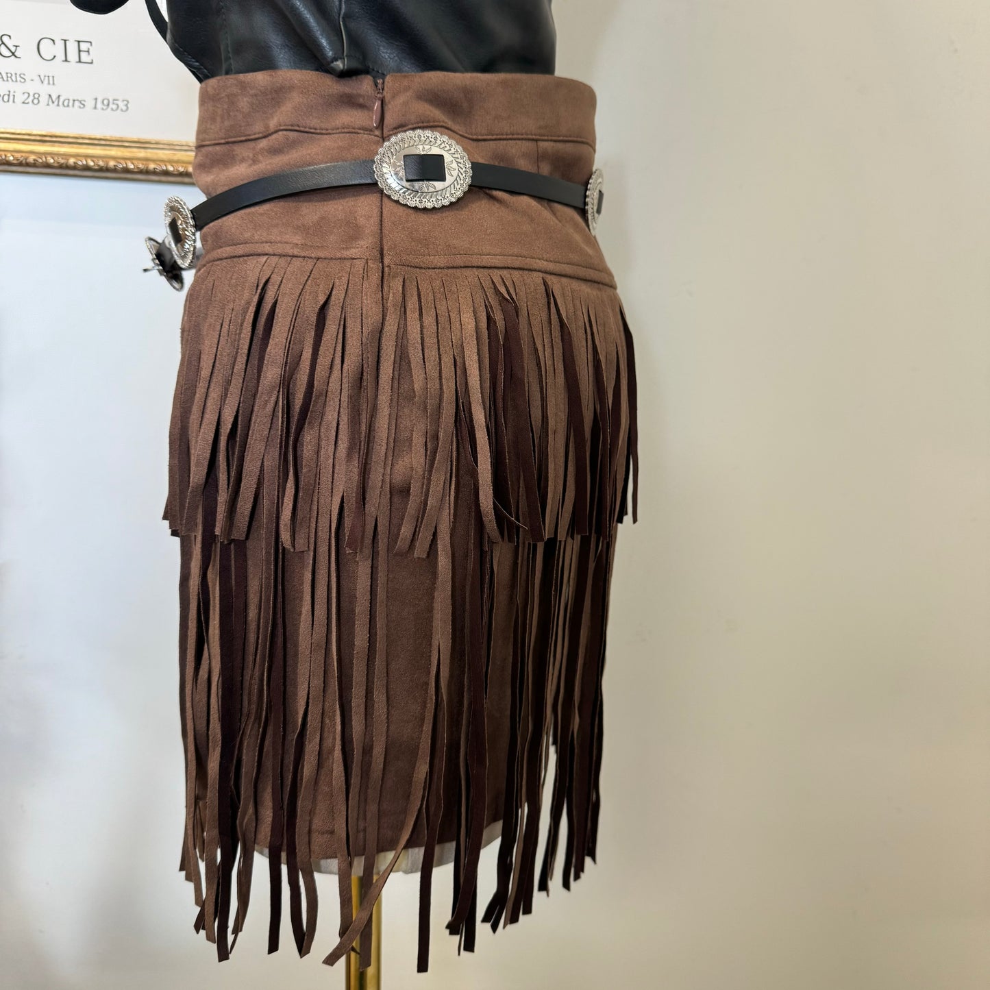 Suede Fringe Skirt-Brown
