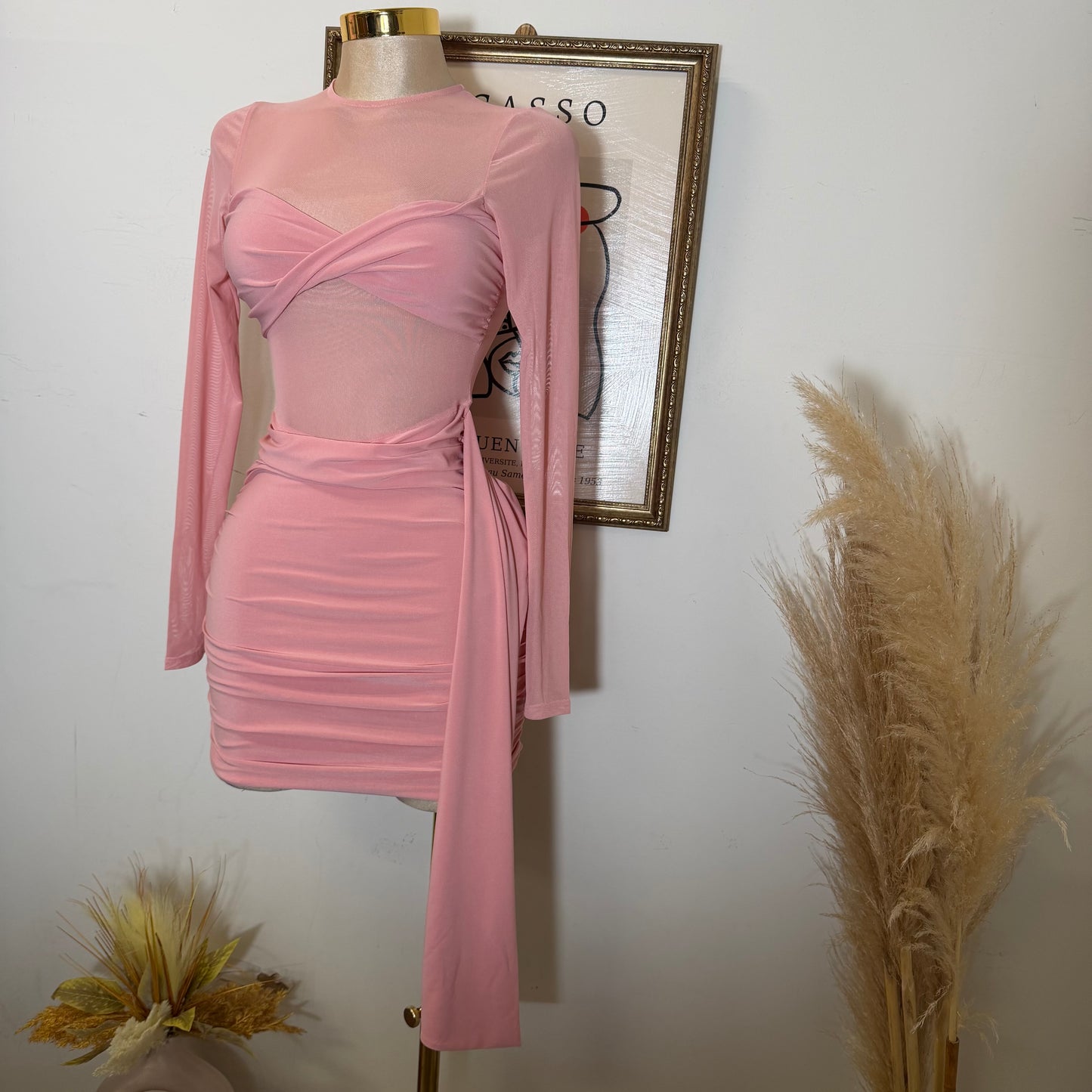 Solid Fabric with Mesh Match Mini Dress-Pink