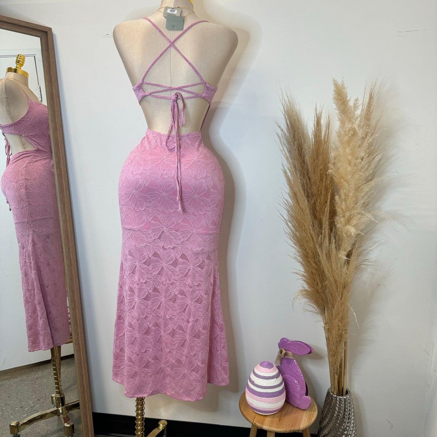 Tie Front Open Back Maxi Dress -Pink