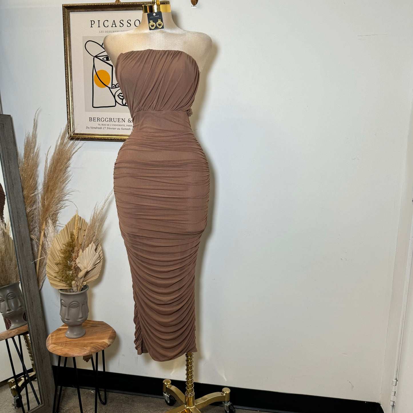Mesh Off Shoulder Maxi Dress-Brown