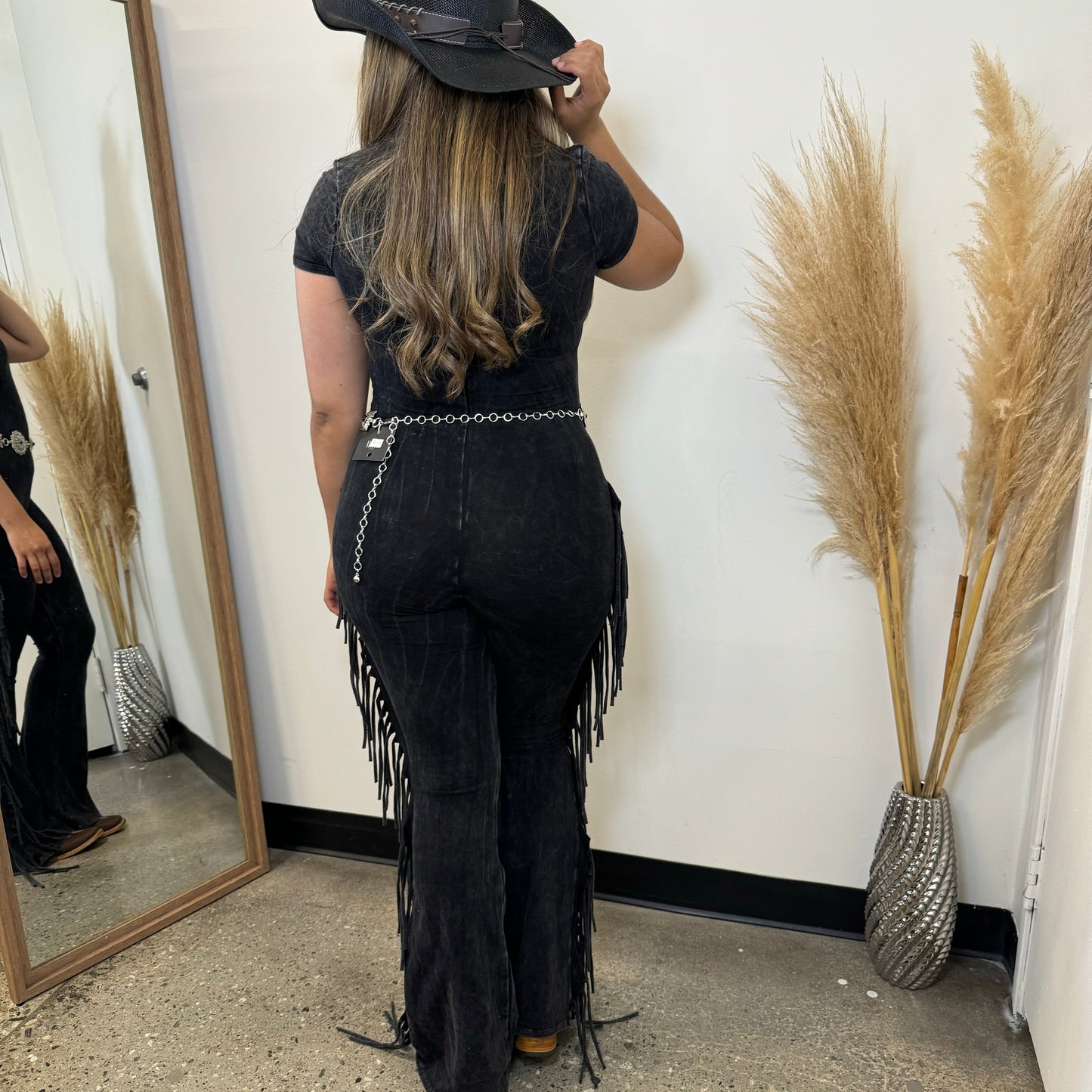 Short Sleeve Fringe Jumpsuit-Black