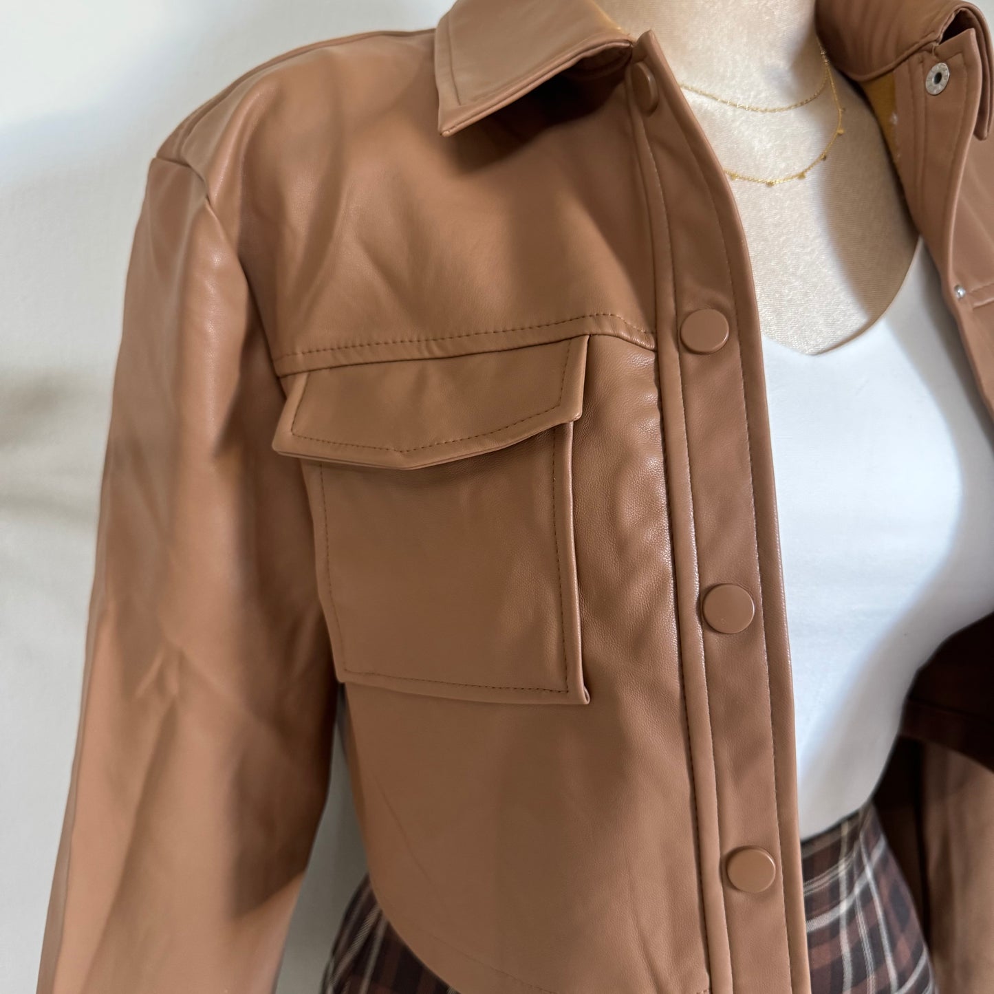 Pu Leather Cropped Jacket- Camel