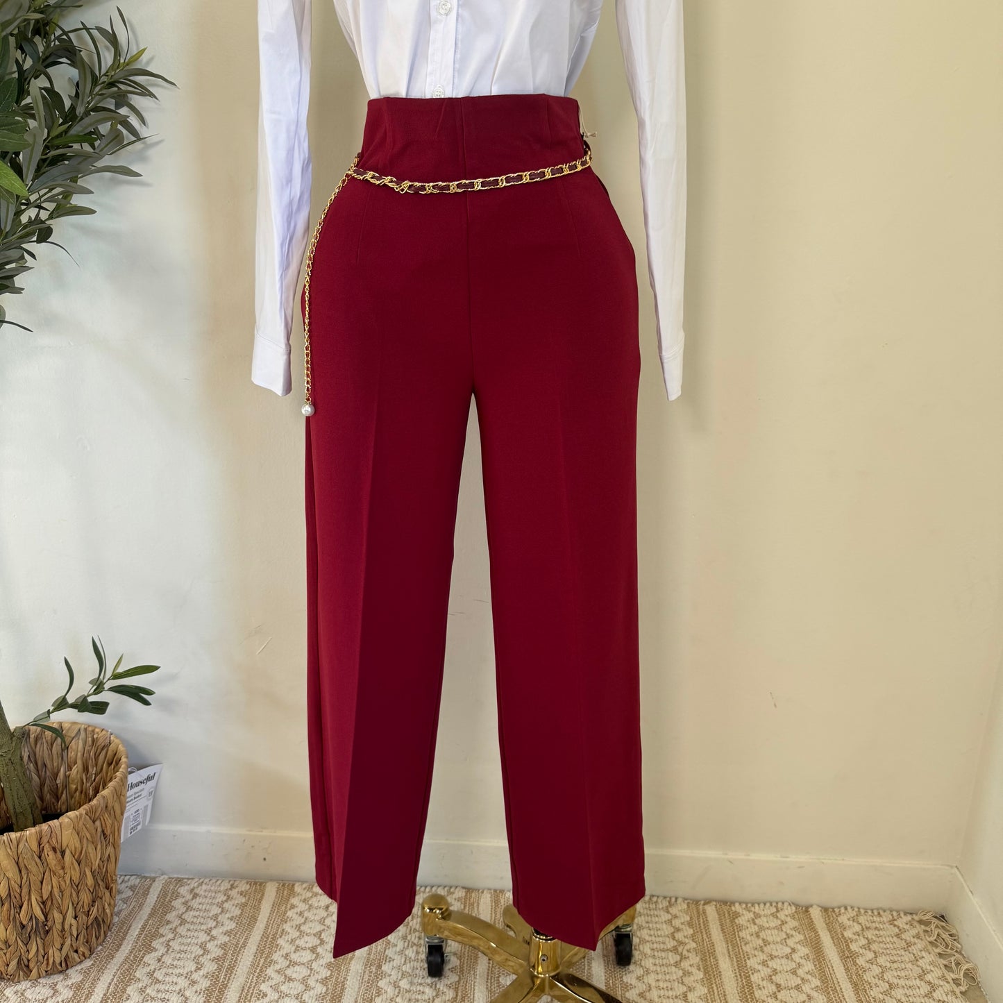 Dressy Pant with Chain- Burgundy