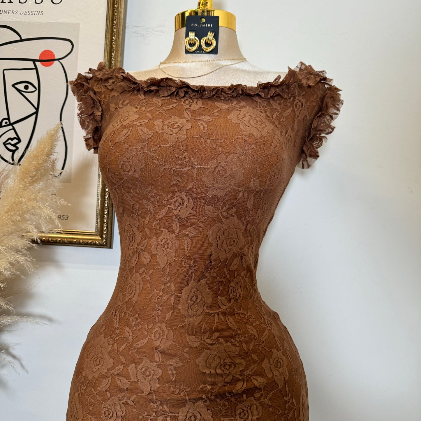 Off Shoulder Short Sleeve Lace Dress-Brown