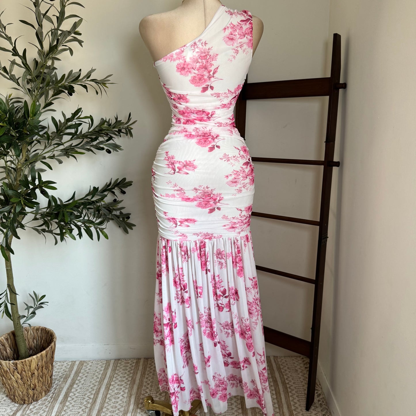 One Shoulder Mesh Maxi Dress-Pink/White