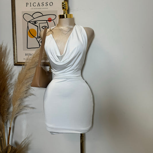 Cowl Halter Mesh Dress-White