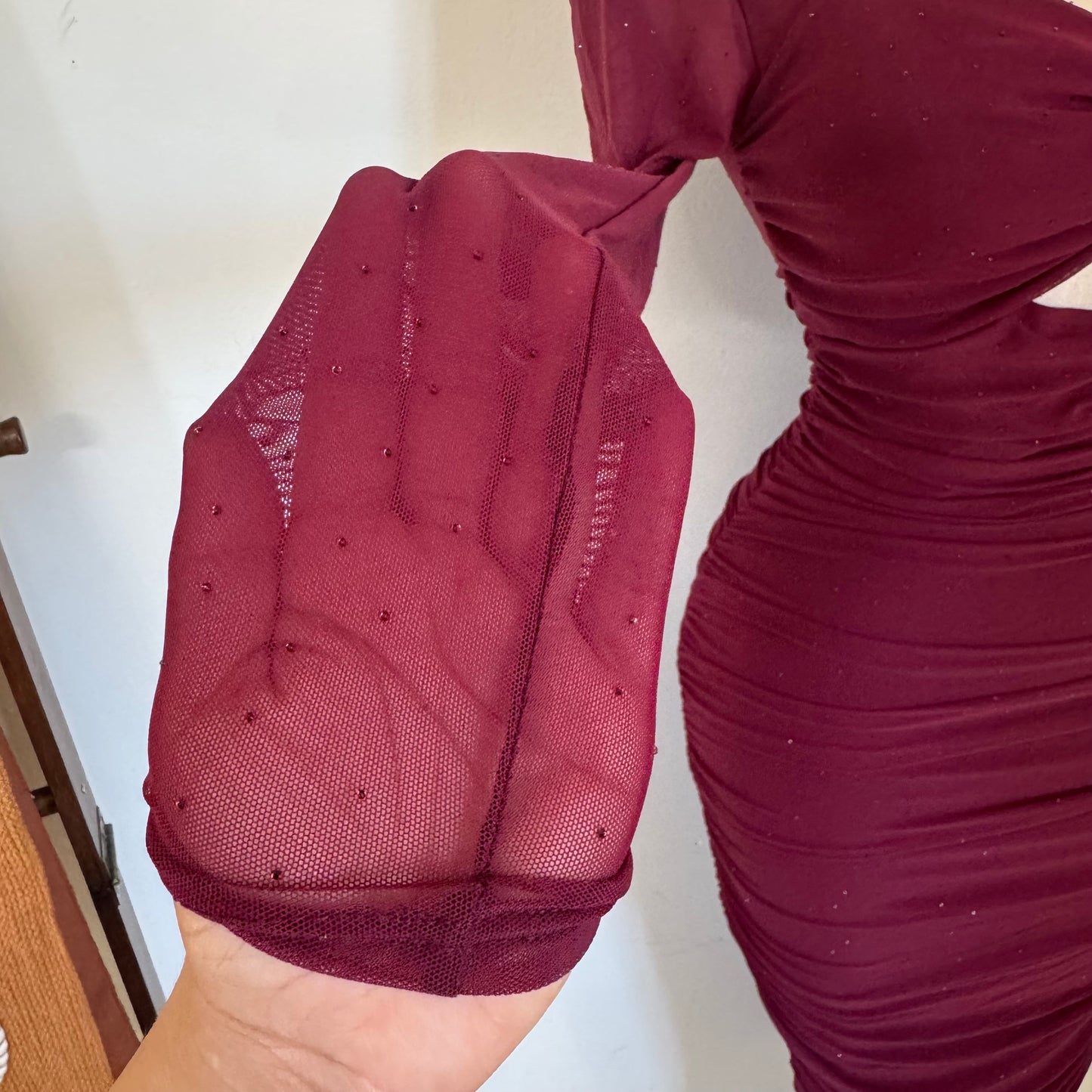 Sweet Heart Long Sleeve Rucing Rhinestone Midi Dress- Burgundy