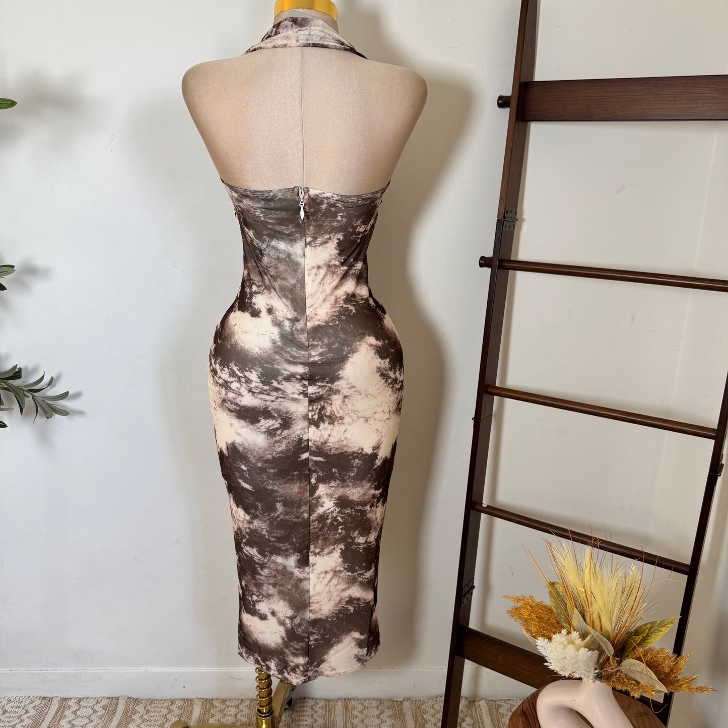 Halter Corset Ruching Midi Dress-Brown
