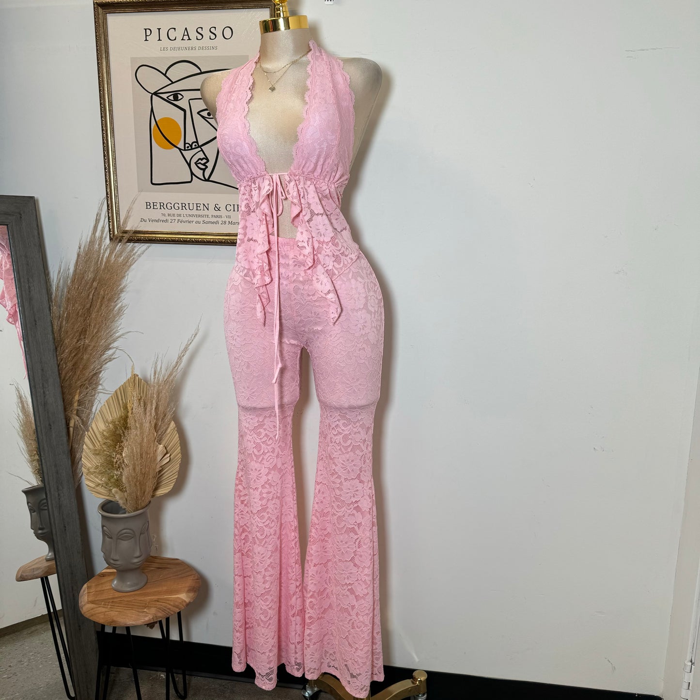 Sexy Lace Pant Set-Pink