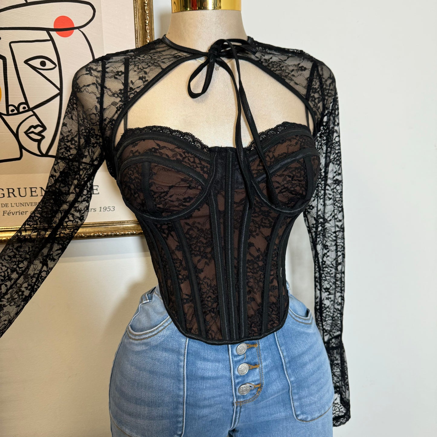 Nadie Lace Long Sleeve Top-Black