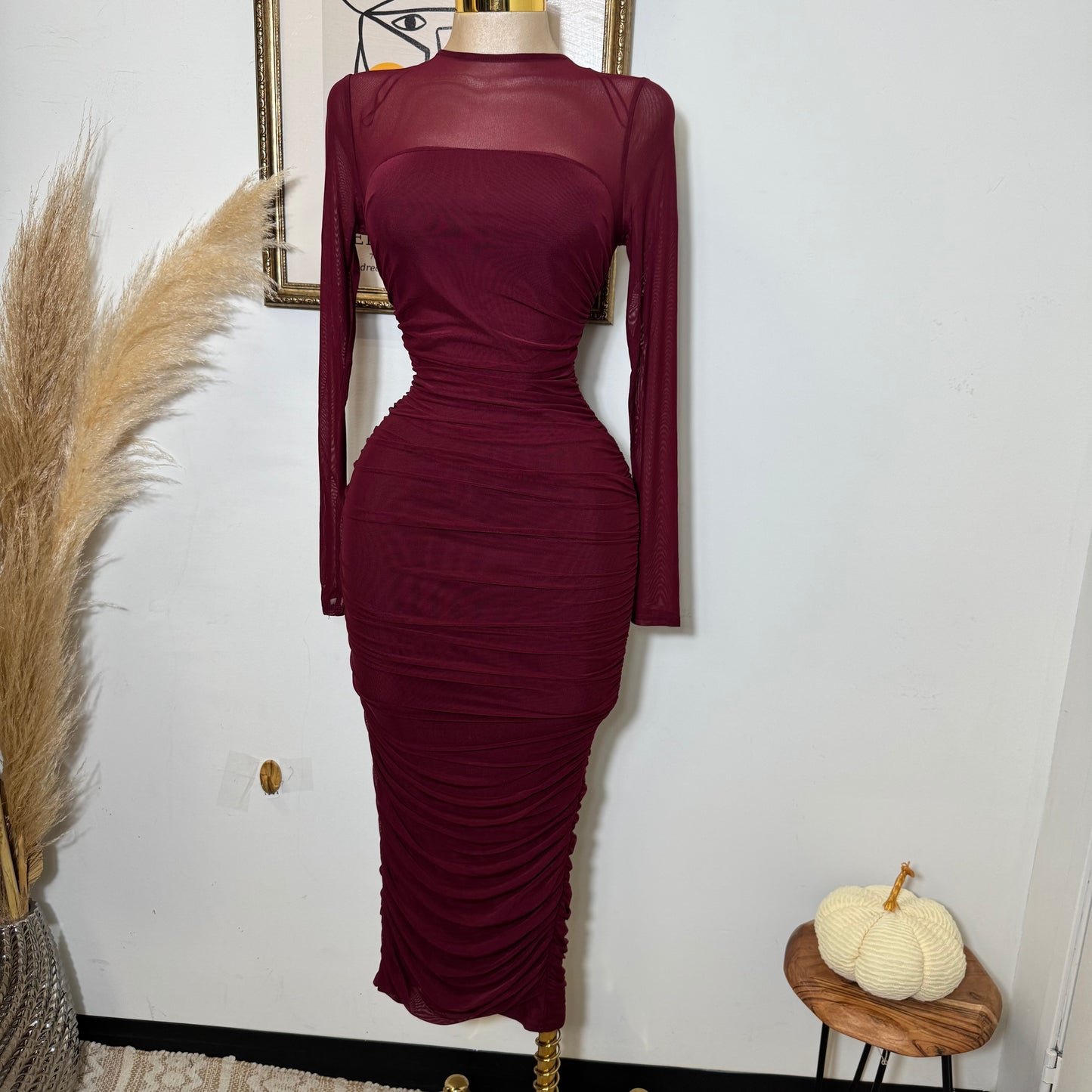 Round Neck Long Sleeve Ruching Midi Dress-Dk Cherry