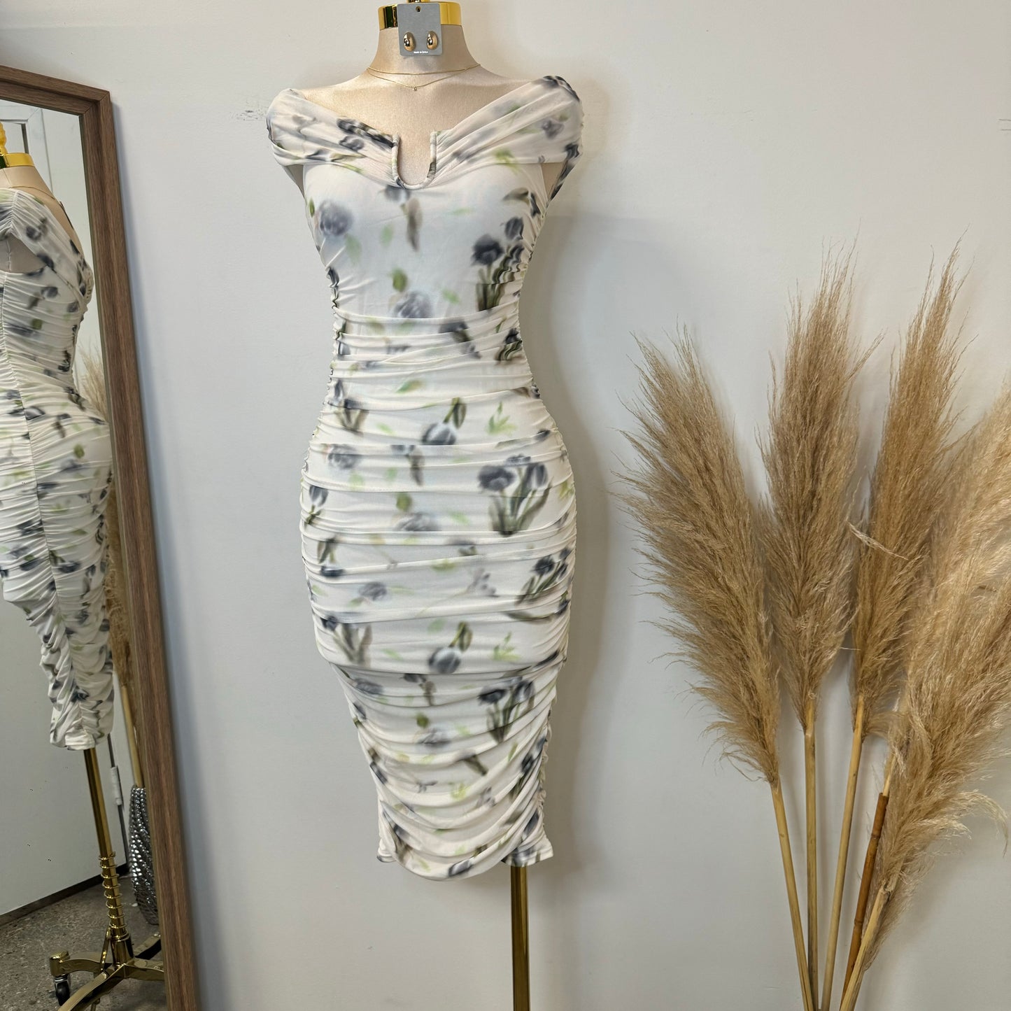 Spring Off shoulder Dress-Cream Multi