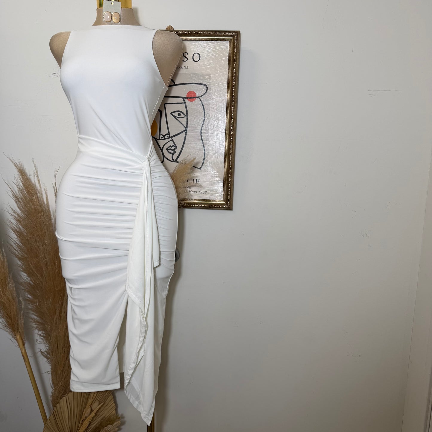 Sleeveless Mock Neck Ruffle Midi Dress-Ivory