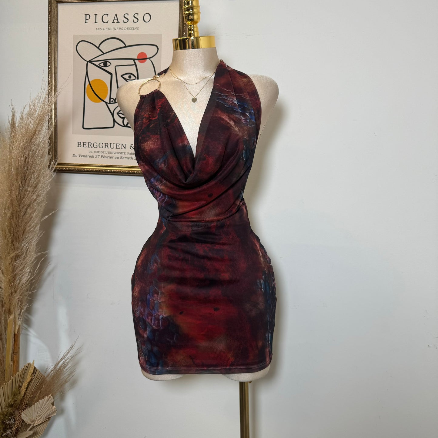 Cowl Halter Mesh Dress-Red Multi1