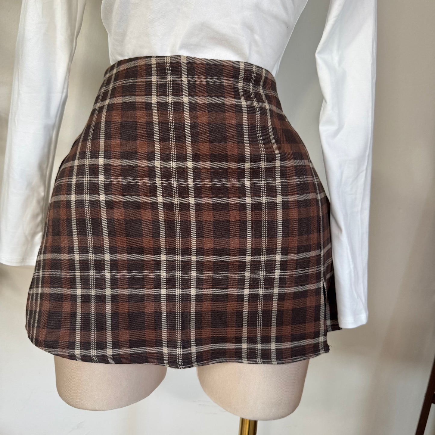 Split Front Plaid Mini Skort -Brown