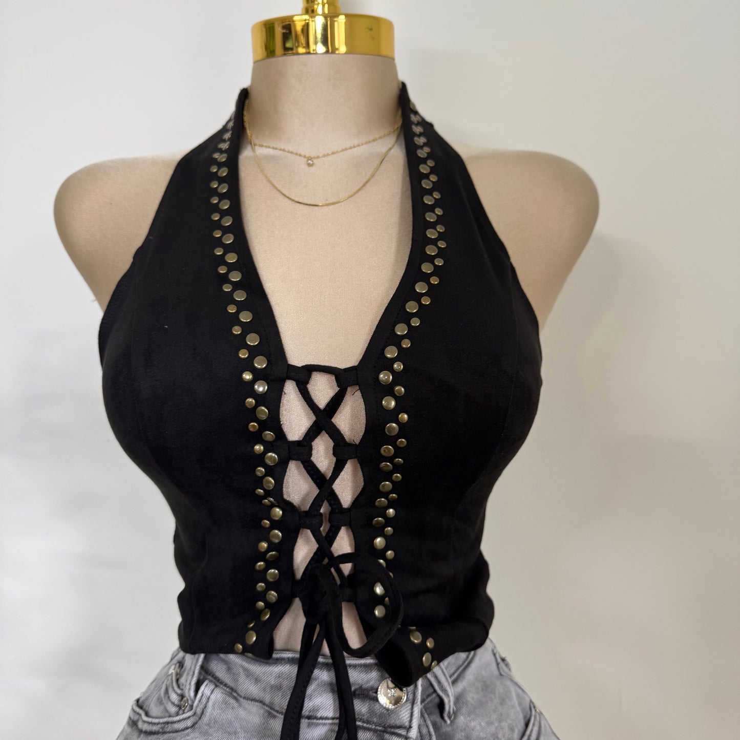 Suede Halter Open Front Top-Black