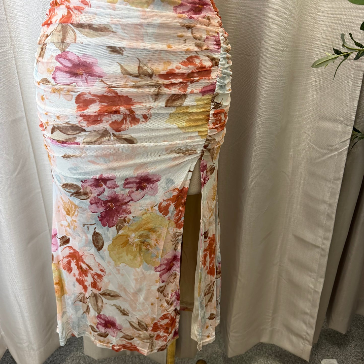 Mesh Flower Print Midi Dress-Pink/Cream/Multi
