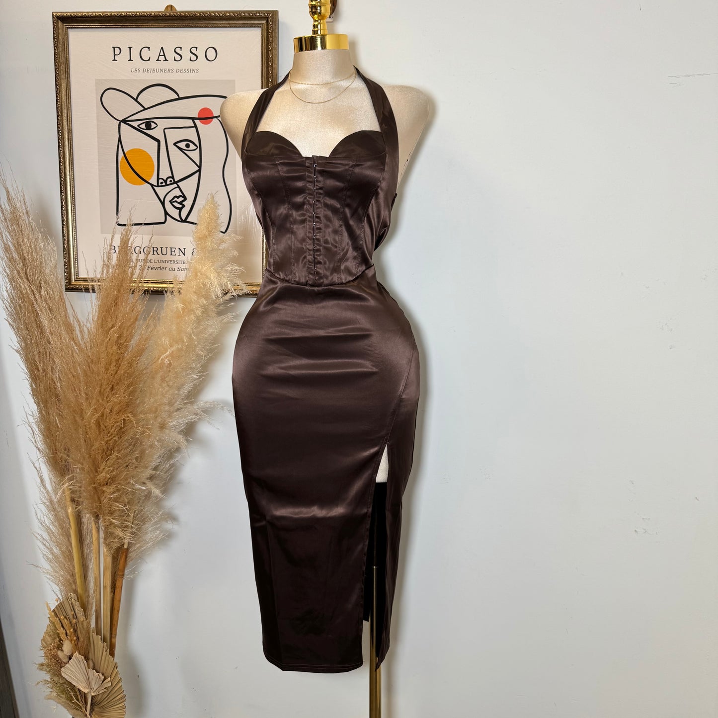 Corset Halter Satin Dress-Chocolate