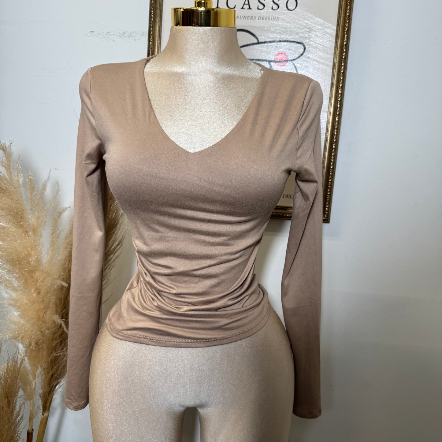 Ruched V-Neck Long Sleeve Double Layered Top-Khaki